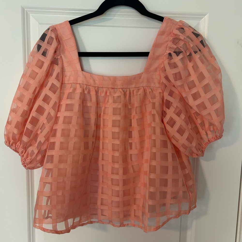 She + Sky Orange and Pink Puff Sleeve Blouse